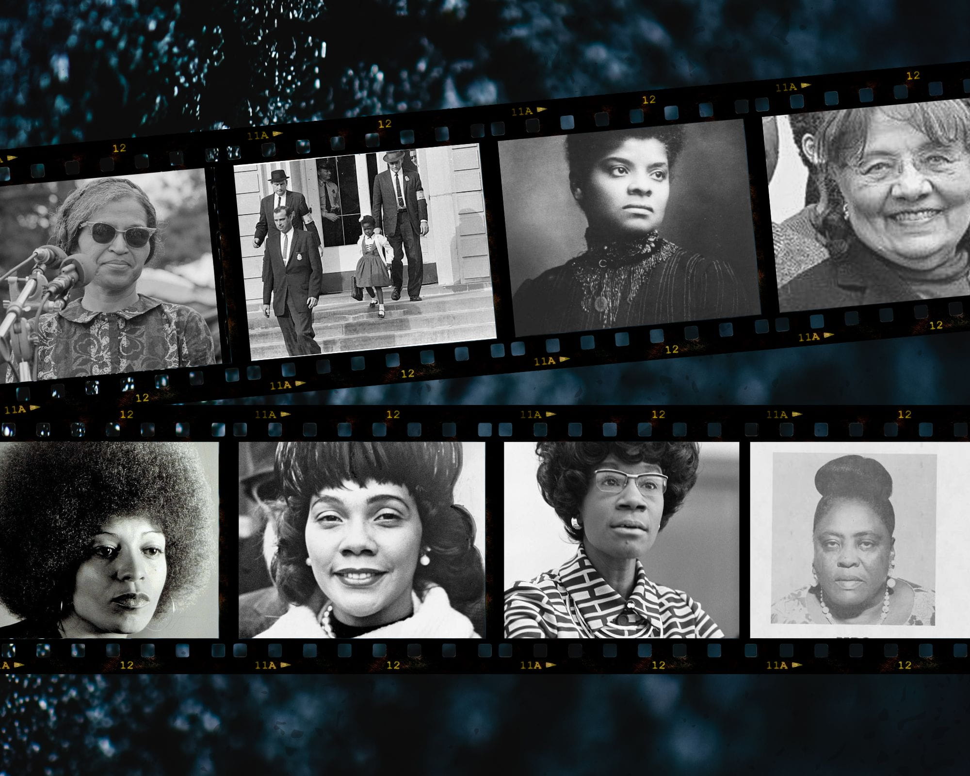 Camera roll depicting images of Rosa Parks, Ruby Bridges, Ida B. Well, Diane Nash, Angela Davis, Coretta Scott King, Shirley Chisholm and Fannie Lou Hamer.