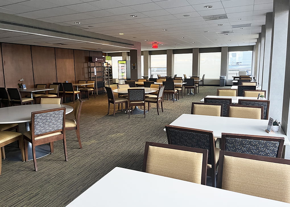 Tables and chairs in the City View Lounge.