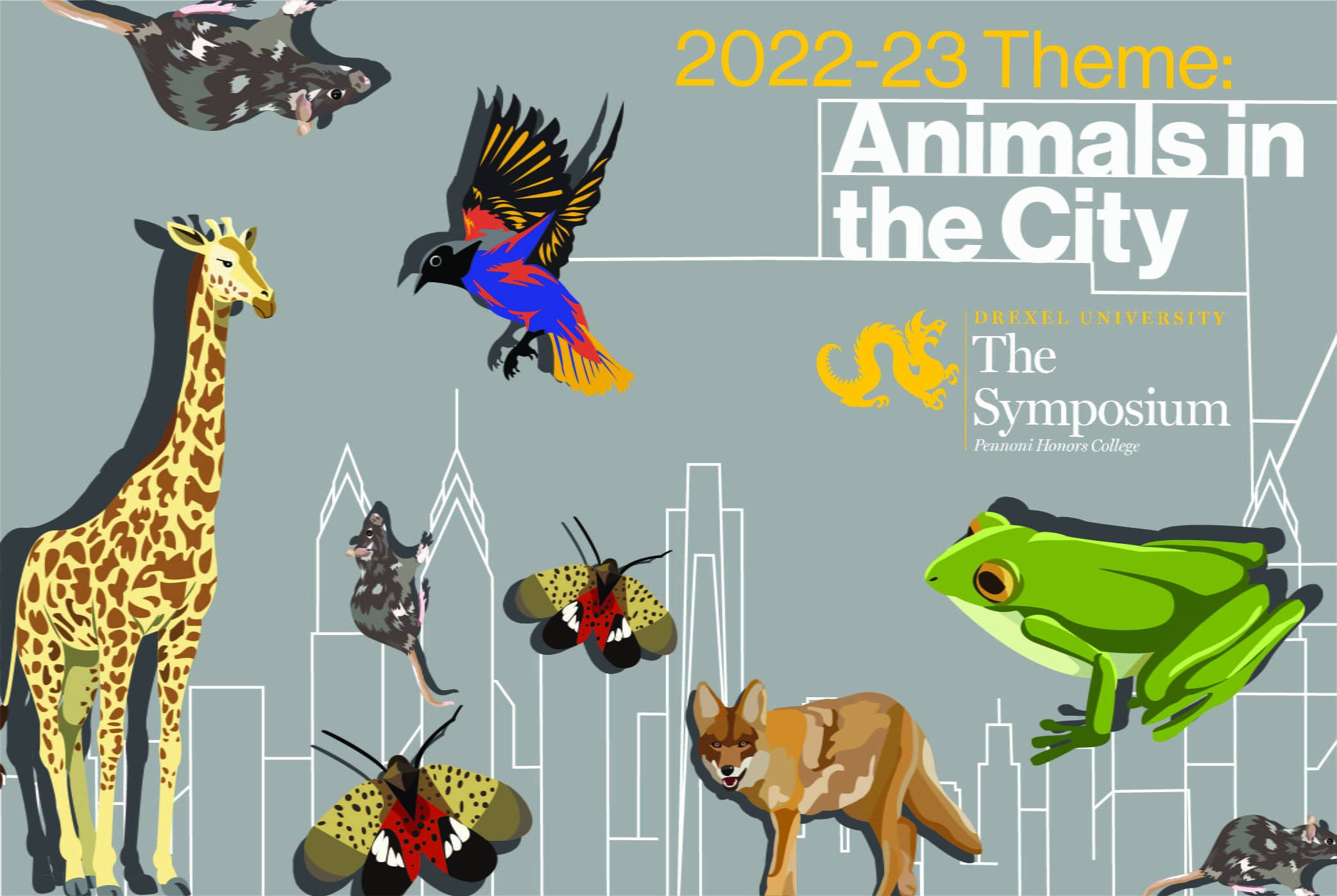 Symposium 2022-23: Animals in the City. Colorful graphics of animals including a frog, rats, and a giraffe on a gray background with a white line drawing of the Philly skyline.