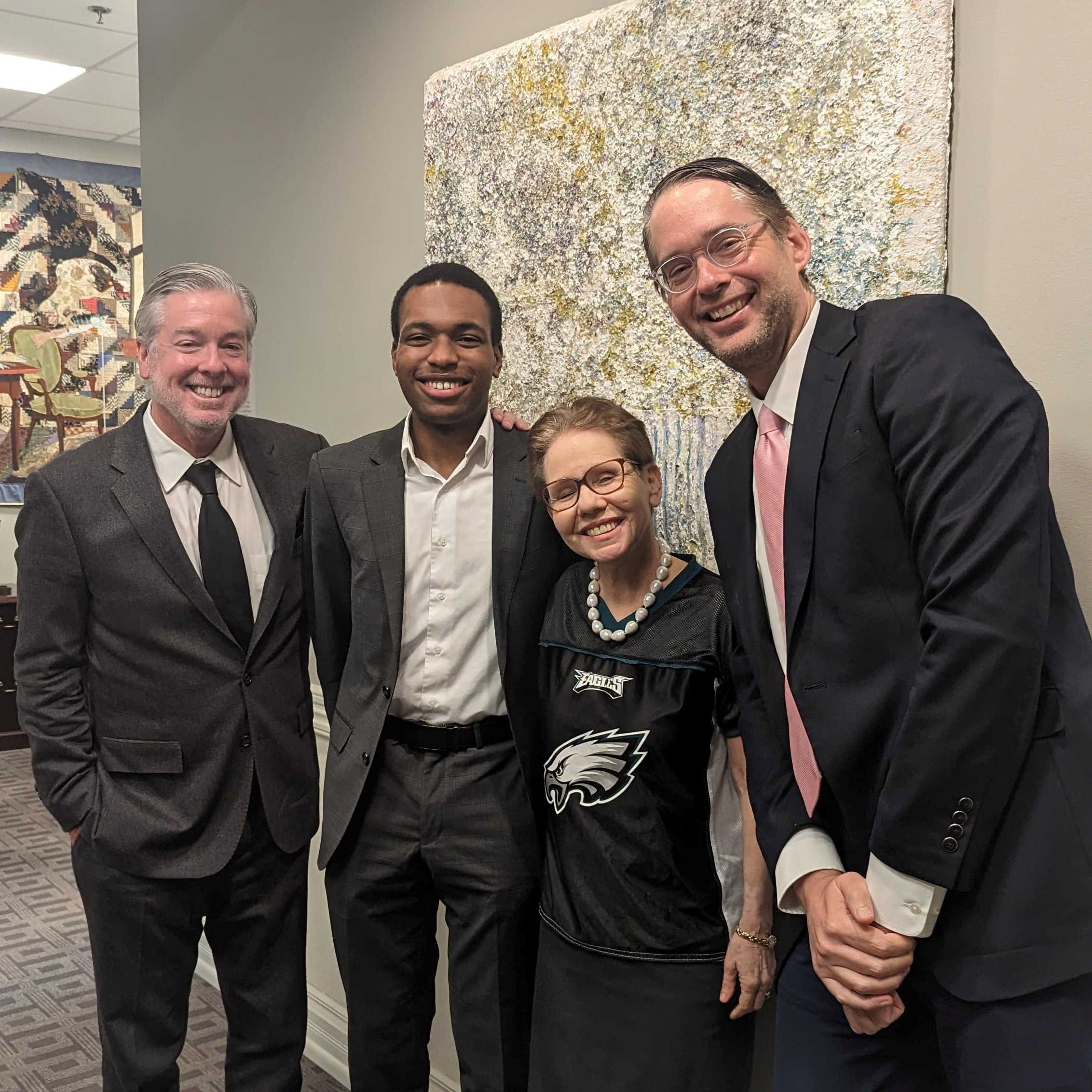 President John Fry, Darrell Omo-Lamai, Dean Paula Cohen, and Vice Provost Steve Weber at Darrell's mock interview for Knight-Hennessy Scholars