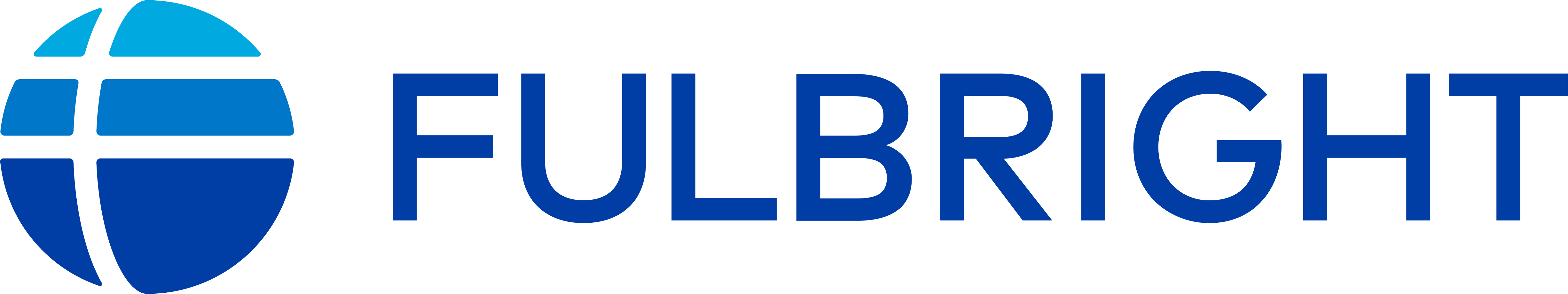 Fulbright logo. Globe with the word Fulbright