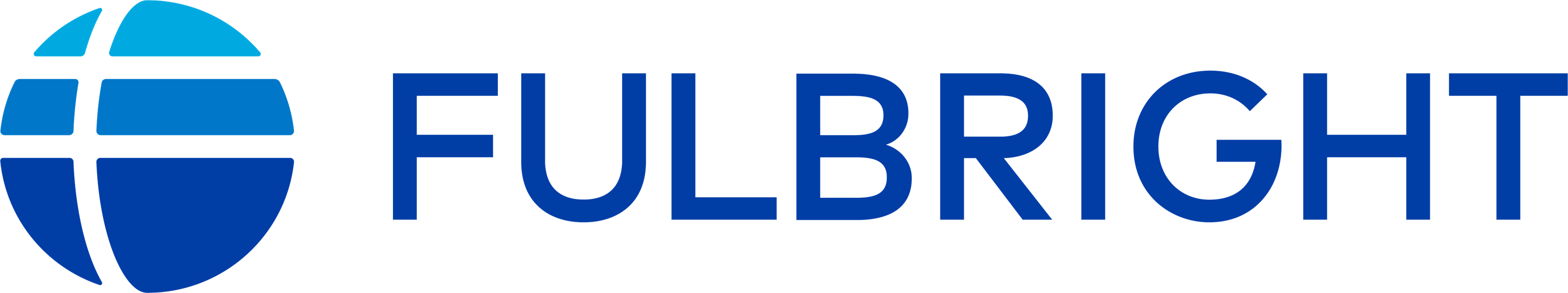 Fulbright logo. Globe with the word Fulbright