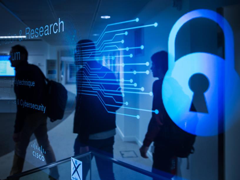Digital lock overlay with silhouettes of students behind it