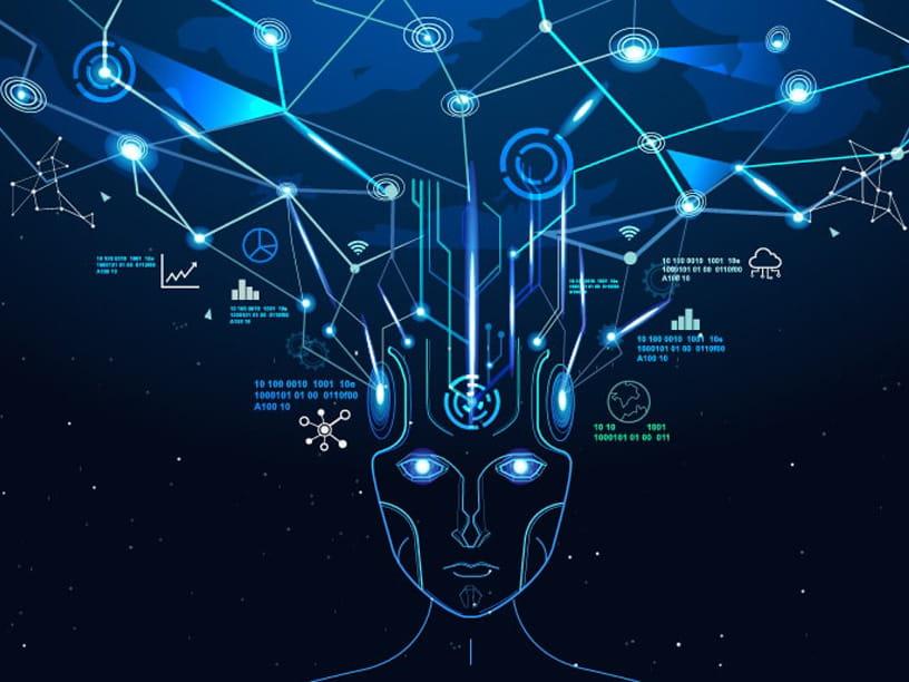 Digital face with digital map of icons above the head
