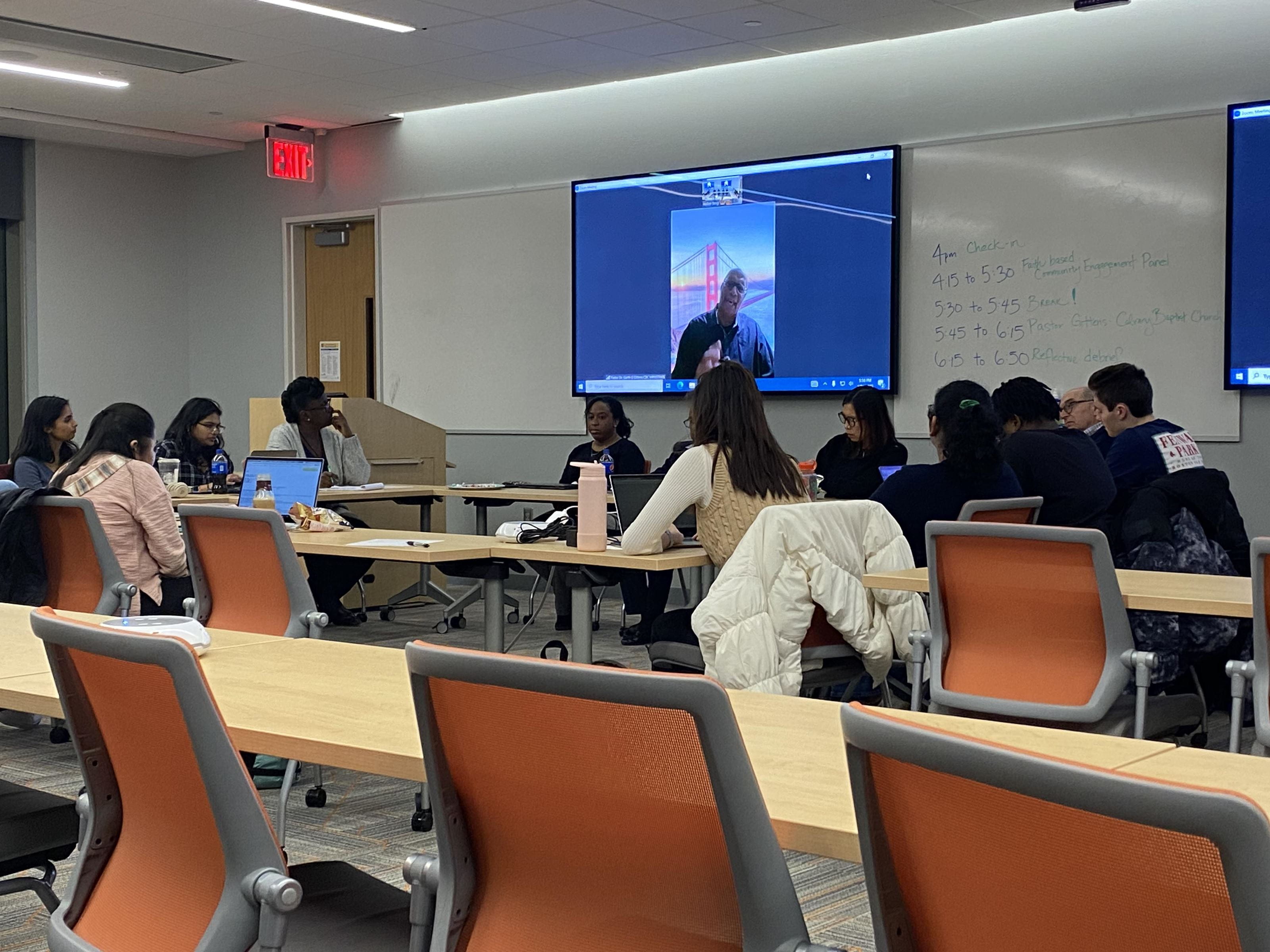 Rev. Garth Gabriel Gittens of Calvary Baptist virtually presenting to a classroom of students