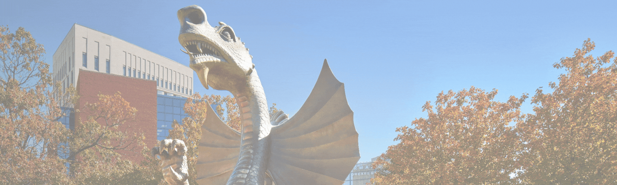 Drexel dragon statue in autumn