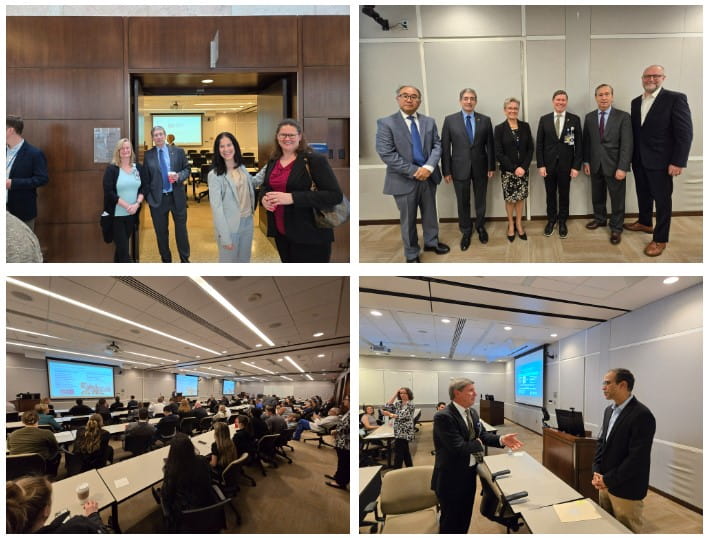 A collection of photos from Tower Research Day. Participants are speaking with one another, taking pictures with one another, and sitting in on an informational session.