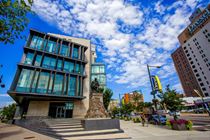 Exterior view of Gerri C. LeBow Hall building and market street