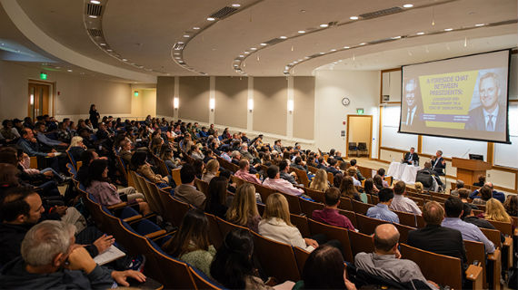 Drexel President, John Fry and SAP President & CEO, DJ Paoni discuss leadership in a time of disruption for a full audience in auditorium 