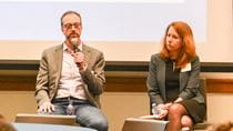 John Evans and Michelle Lowry speaking during a Blockchain course at Drexel University
