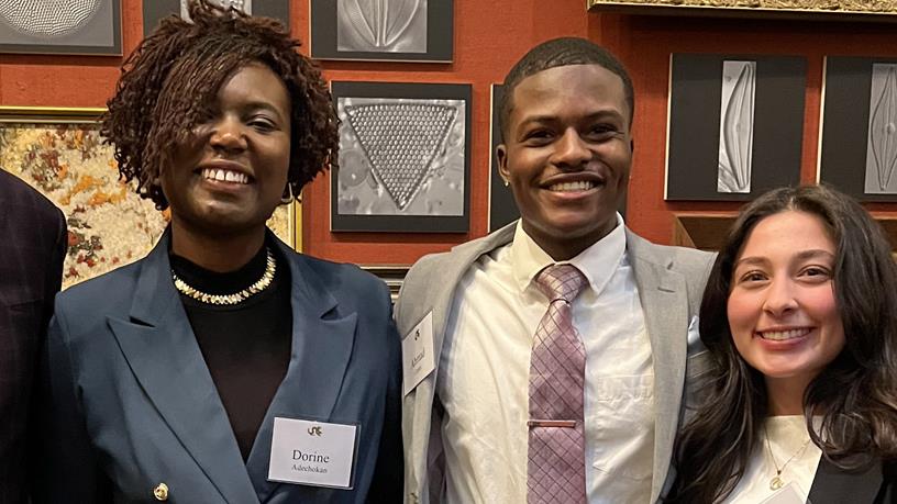 Photographed at the Celebration of Scholarship event, from left to right: Drexel University Interim President Denis O’Brien; Dorine Adechokan, finance ’25; Ahmad Curtis, second-year finance student; and Zuleyha Kumas, finance and business law ’25. Photo credit: Kelsey McKee. 