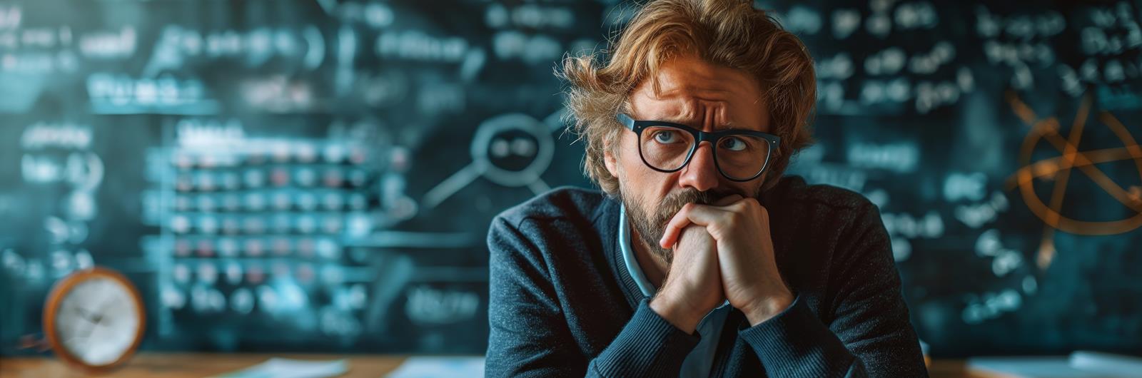 anxious teacher in front of a chalk board