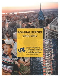 Cover of UHC annual report 2018-2019 depicting Philadelphia skyline, smiling child, and a view from above of a neighborhood