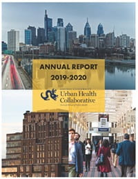 Cover of the 2019-2020 UHC annual report depicting the Philadelphia skyline, an office building, and a hallway in the Philadelphia Convention Center