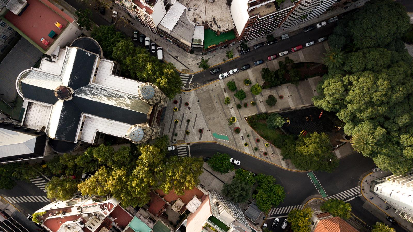 Aerial view of the catholic church in the middle of the Palermo neighborhood in Buenos Aires, Argentina