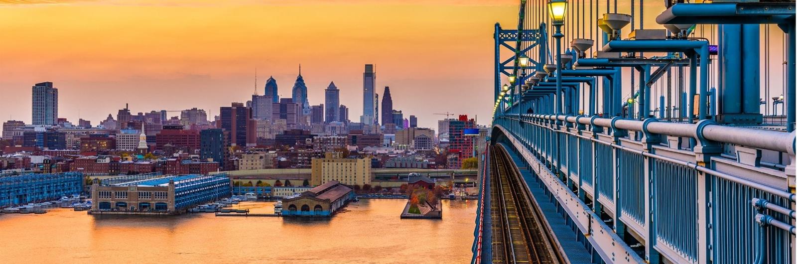 Sunset scene of Philadelphia as seen from the Benjamin Franklin bridge