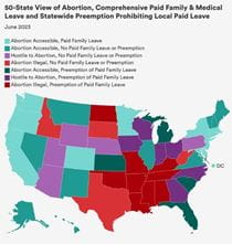 A U.S. map color coded by abortion access and paid family leave policies