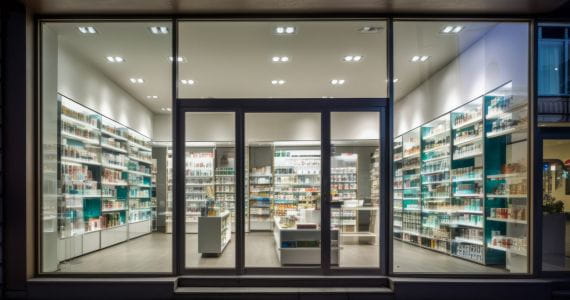 empty pharmacy lit from within