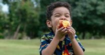 A small boy eats an apple