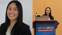 Taylor Young headshot (left) and standing at APHA 2025 podium (right)