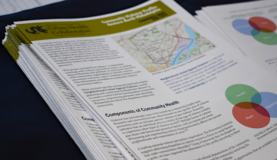 Photo of prints of the Community Violence Profile of eastern North Philadelphia 