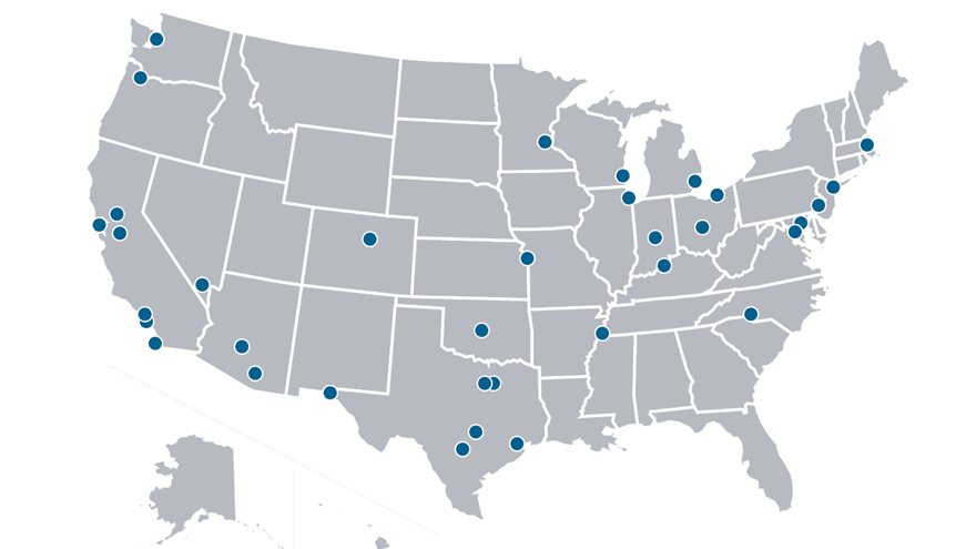 Map of the United States showing the location of 35 jurisdictions included in the Big Cities Health Inventory