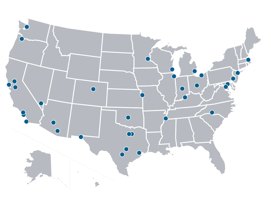Map of the United States showing the location of 35 jurisdictions included in the Big Cities Health Inventory