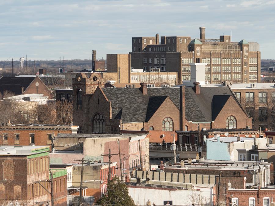Homes and skyline looking from above in northern Philadelphia Kennsington