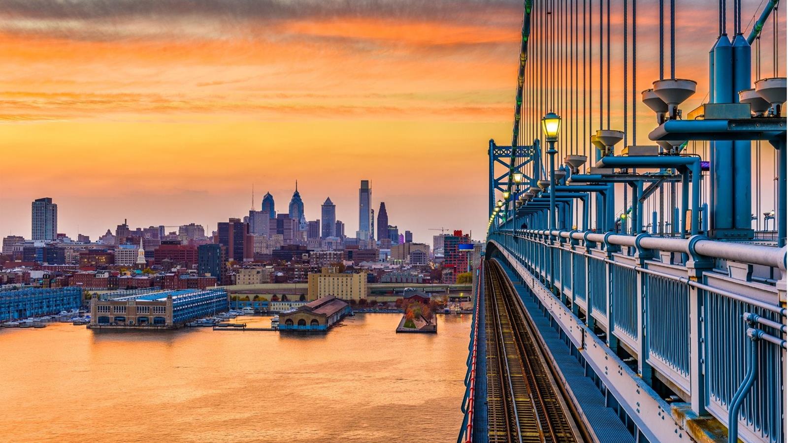 Sunset scene of Philadelphia as seen from the Benjamin Franklin bridge