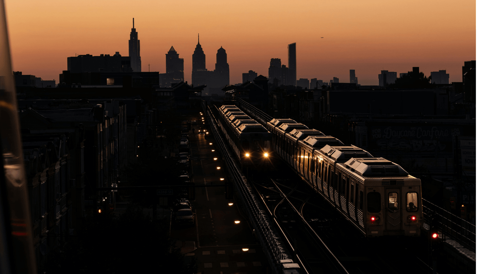 Philadelphia's Market–Frankford Line (El) and city skyline at sunrise