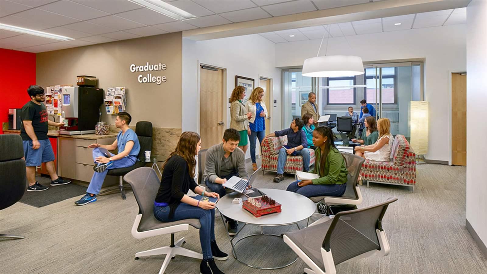 Graduate students in the Graduate Student Lounge at Drexel.