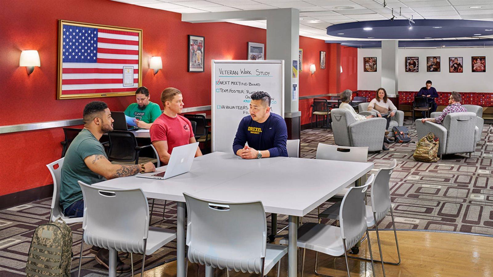 Veteran students sitting in the Veteran Students Lounge at Drexel.