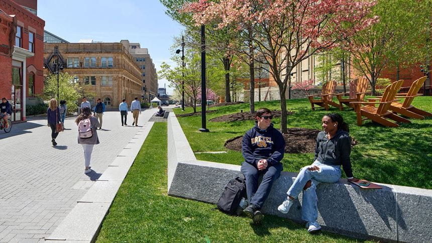 Students in the Perelman Plaza