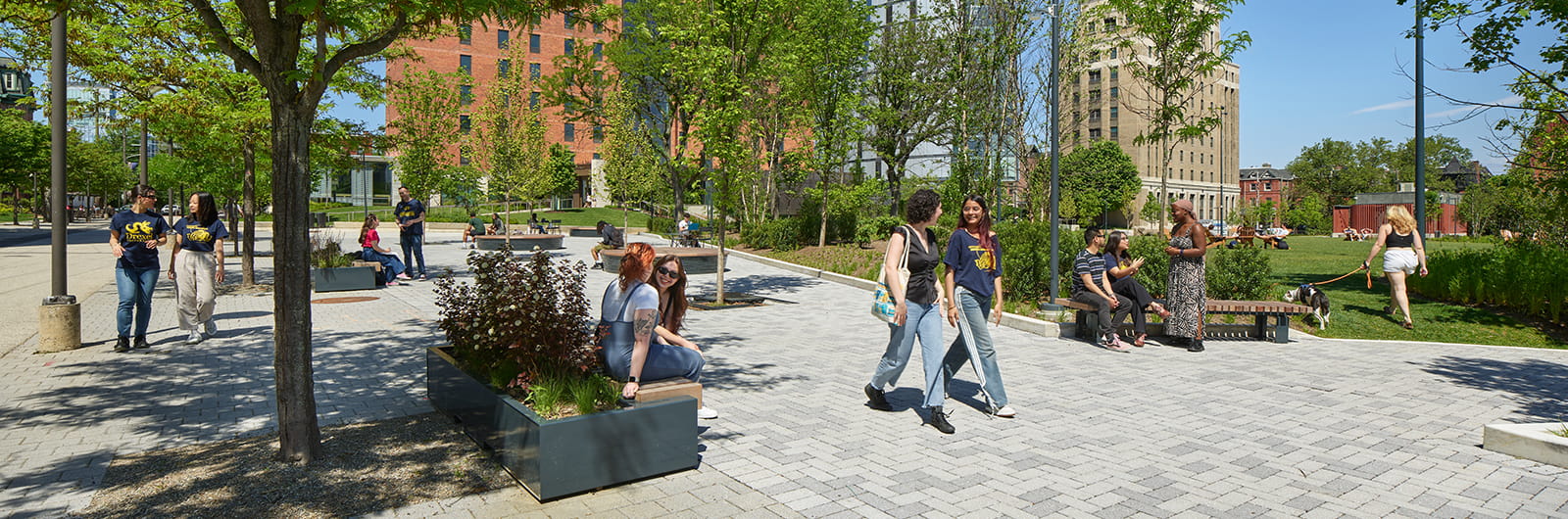 Drexel students walking across campus