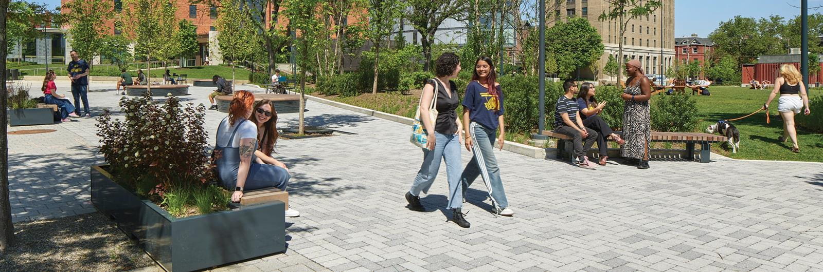 Drexel students walking across campus