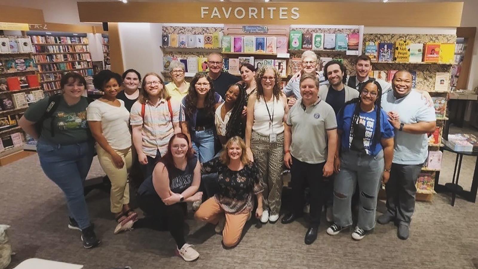 A group of people in a library