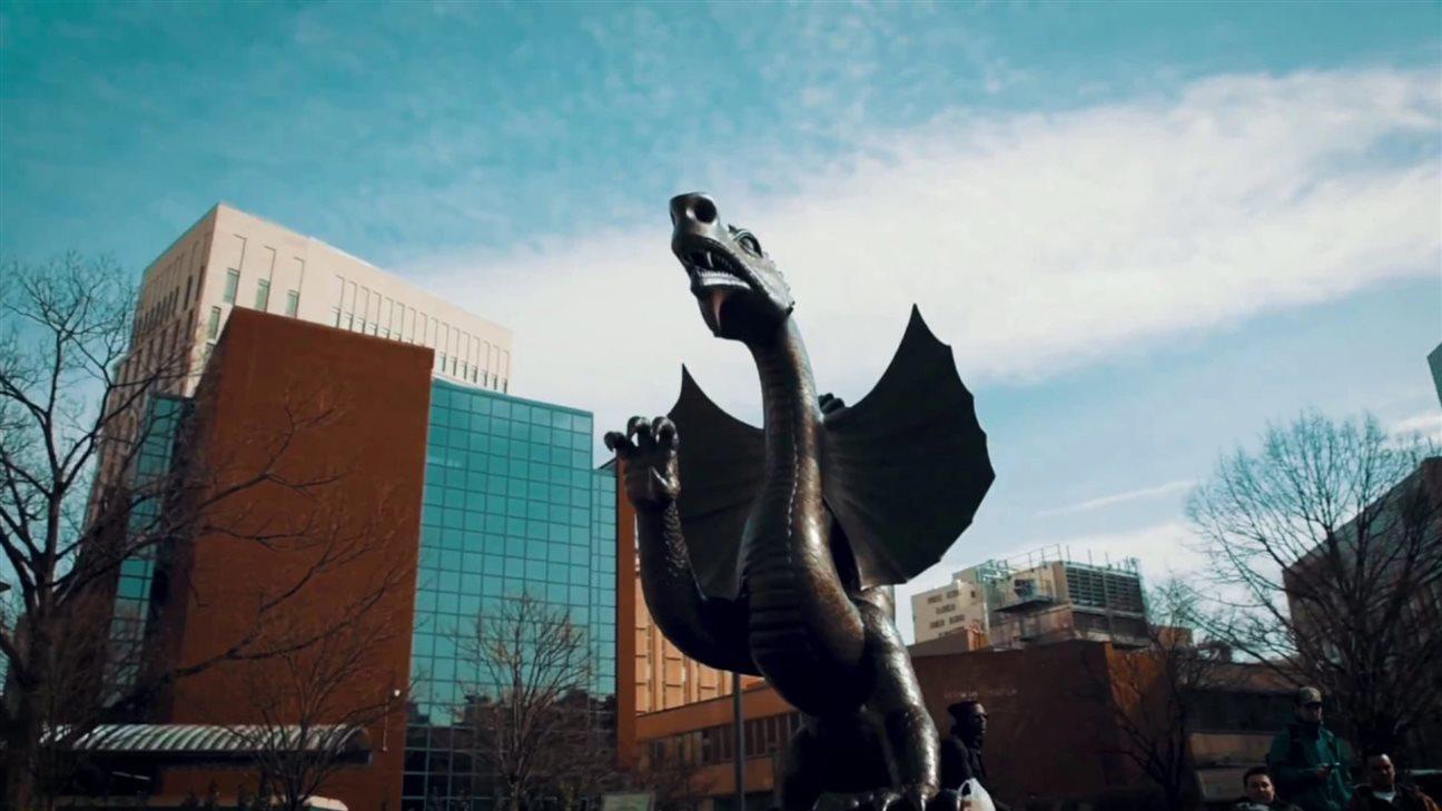 A statue of the Drexel Dragon