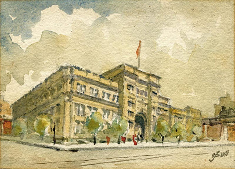 “Miniature of Drexel University's Main Building,” a 1920 watercolor by John Dull (1859–1949), which is part of The Drexel Collection. Photo courtesy The Drexel Collection. 