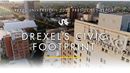 Aerial view of University Crossings building with the text "Drexel University/2022 President's Report. Drexel's Civic Footprint."