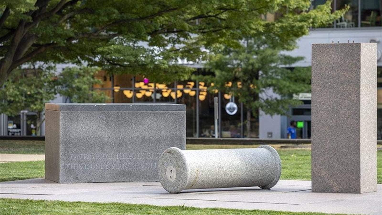 Theaster Gates &quot;monument in waiting&quot; sculpture, consisting of reclaimed stone plinths, on Drexel&#39;s Korman Quad