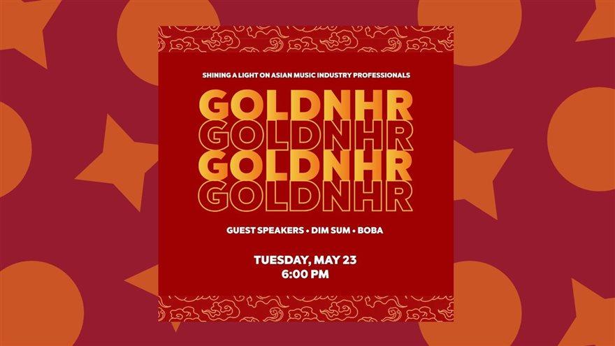 Red background with GOLDNHR graphic about event at 6 p.m. on May 23