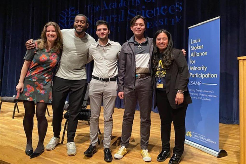 Left to right: Jocelyn Sessa, PhD; Daouda Njie (Fulbright 2023); Julian Marmo (Goldwater 2023); Sky Harper (Truman 2023); and Marisol Rodriguez Mergenthal at the BIPoC-STEM Majors Night at the Academy of Natural Sciences at an event in May, which was hosted by LSAMP and the Academy.  