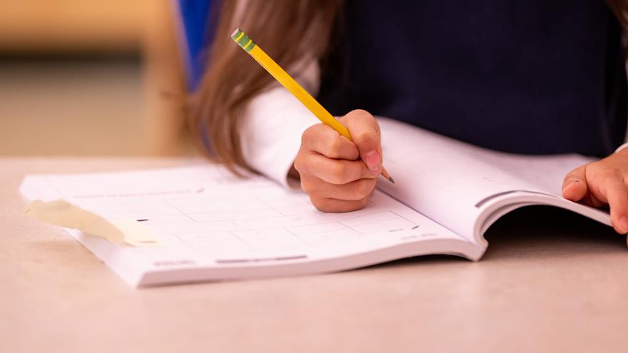 Student writing in notepad