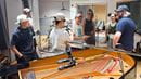 The Chujos and their staff — Daito Kashiwabara, Ayaka Ikeda and Renpei Washizu — shot behind-the-scenes content during their tour of the Music Industry Program’s flagship recording studio, Studio One, as Julien and Brendan Monahan, studio manager, looked on. Photo courtesy Monika Julien.
