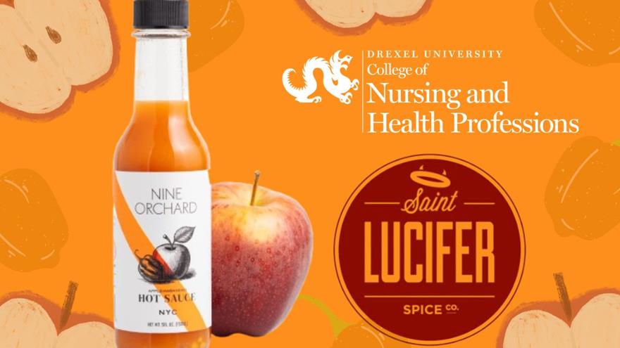 Photo of Nine Orchard apple habanero hot sauce with College of Nursing and Health Professions and Saint Lucifer logos