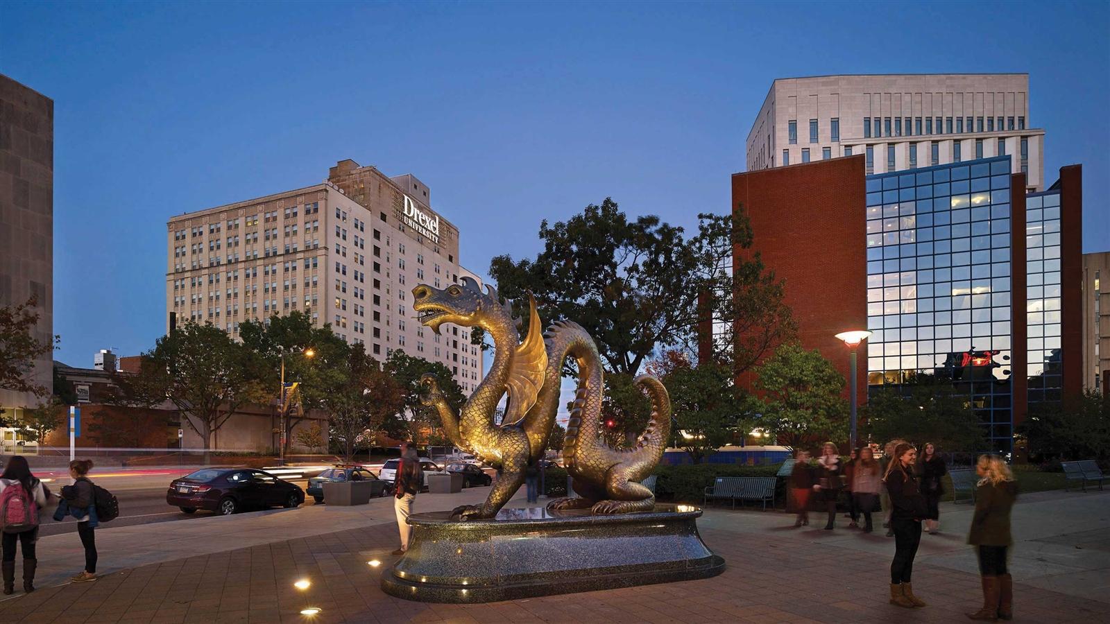 Drexel Statue during the evening