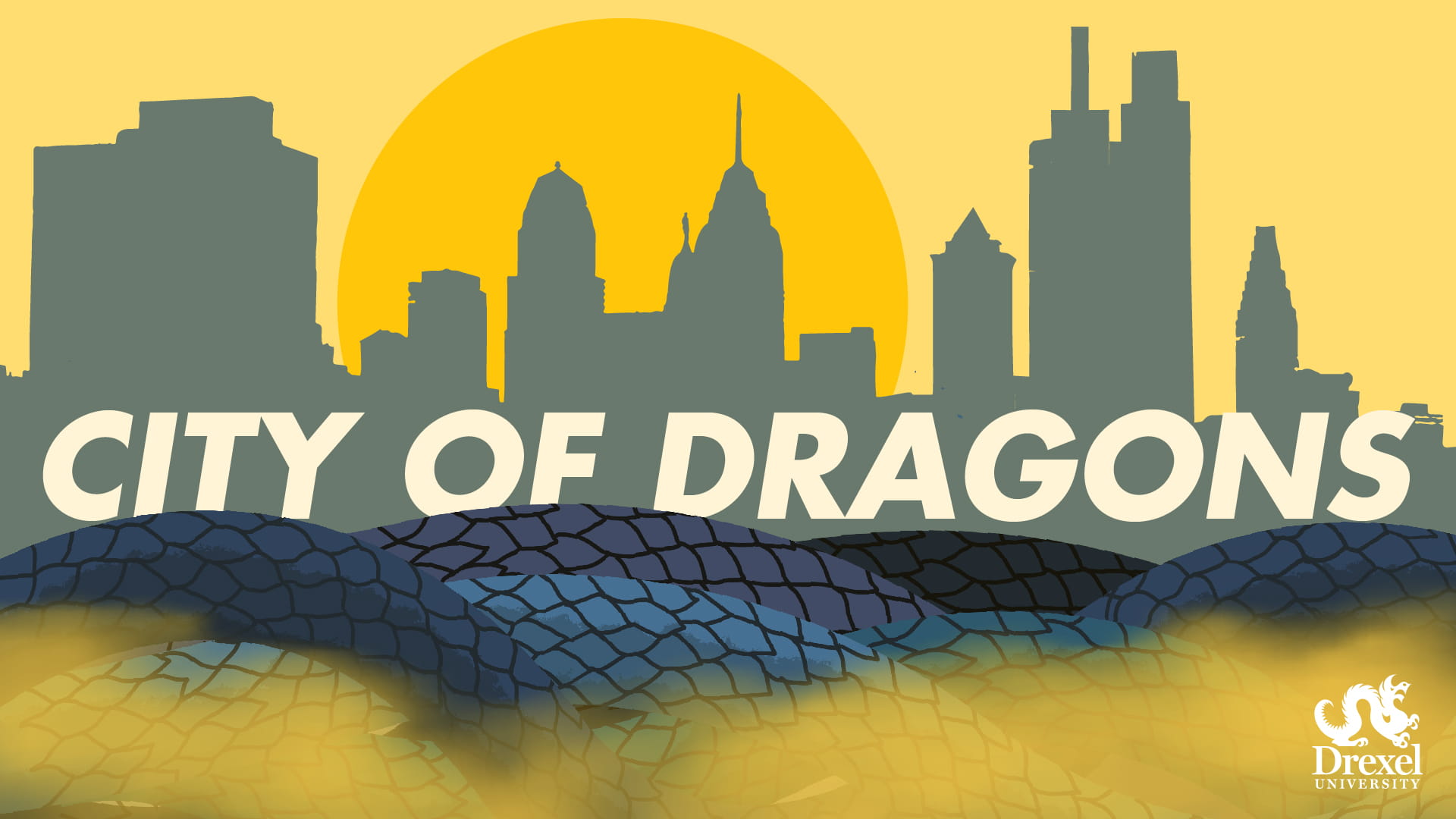 Philadelphia skyline design with 'City of Dragons.'