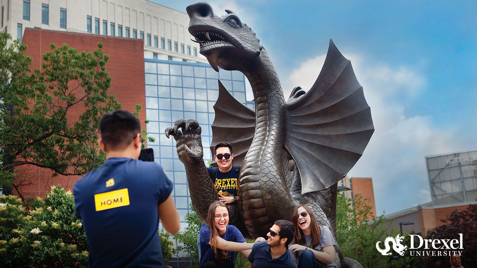Students at the Dragon statue