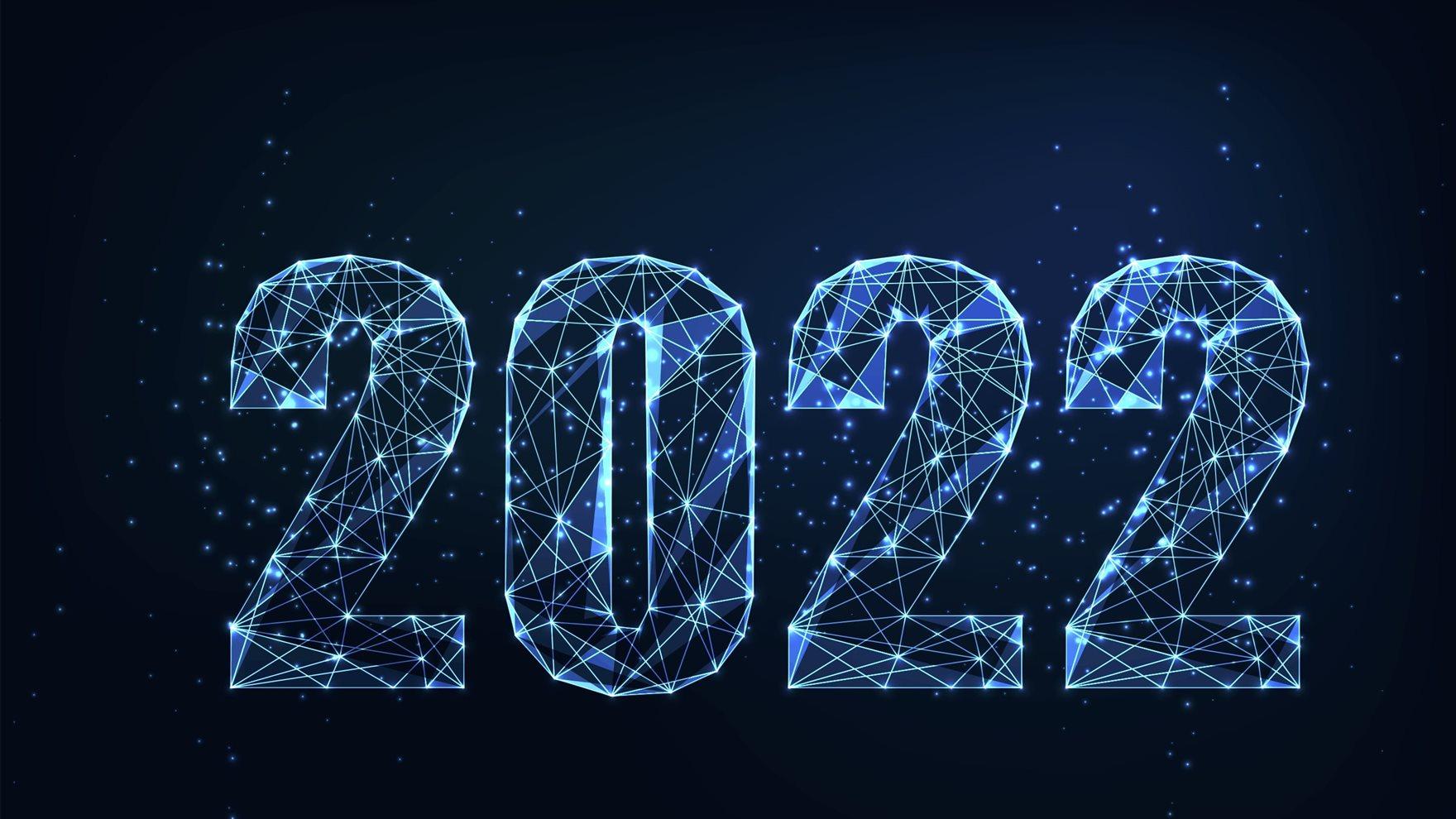 The letters 2022 as created by blue electronic pathways.
