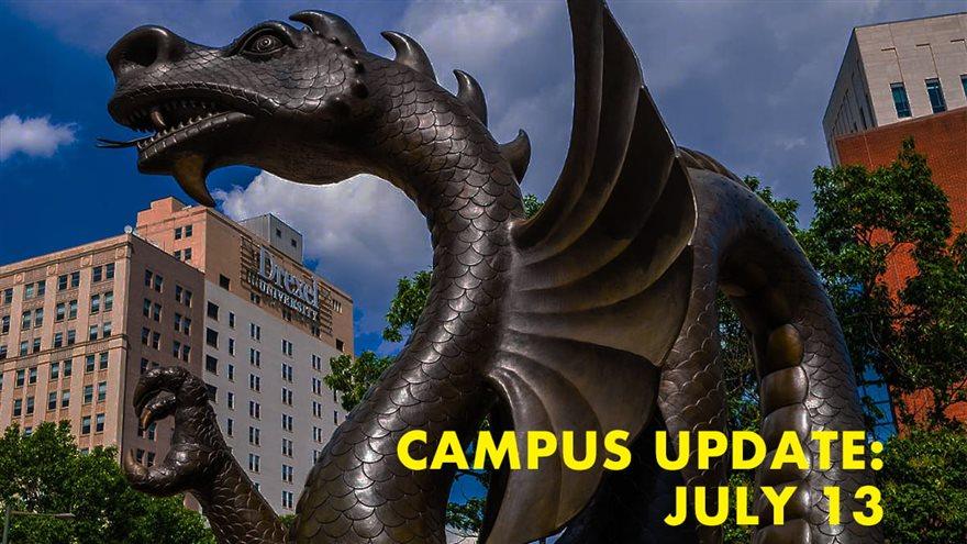 Dragon statue with text campus update July 13